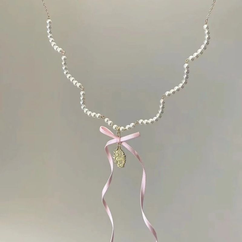 White Peach Dream" Pearl Bowknot Ribbon Necklace Exquisite Elegant Sweet Dreamy 2024 New Arrival_ipsvogv.com