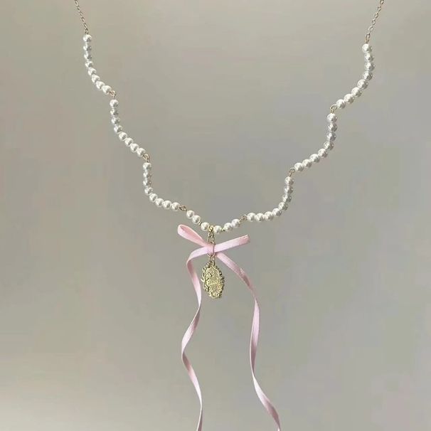 White Peach Dream" Pearl Bowknot Ribbon Necklace Exquisite Elegant Sweet Dreamy 2024 New Arrival_ipsvogv.com