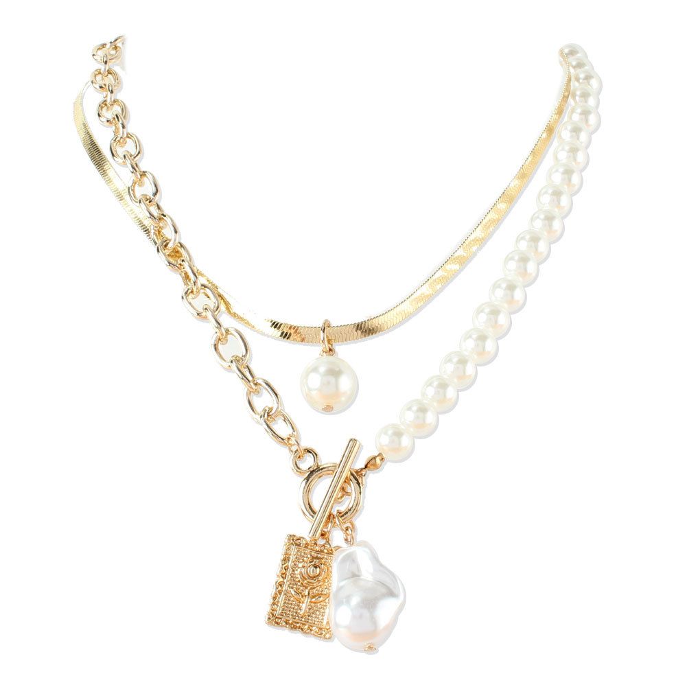 Jewelry Fashion Pearl Chain Splicing Necklace Retro Alloy Resin Pendant Necklace_ipsvogv.com