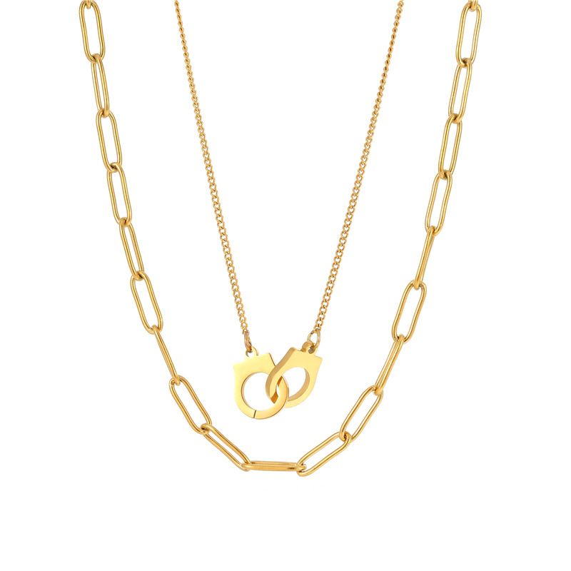 Double Layer Clavicle Chain Female Handcuffs Necklace Stainless Steel Couple Style Double Ring Pendant Necklace_ipsvogv.com