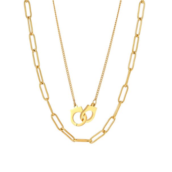 Double Layer Clavicle Chain Female Handcuffs Necklace Stainless Steel Couple Style Double Ring Pendant Necklace_ipsvogv.com