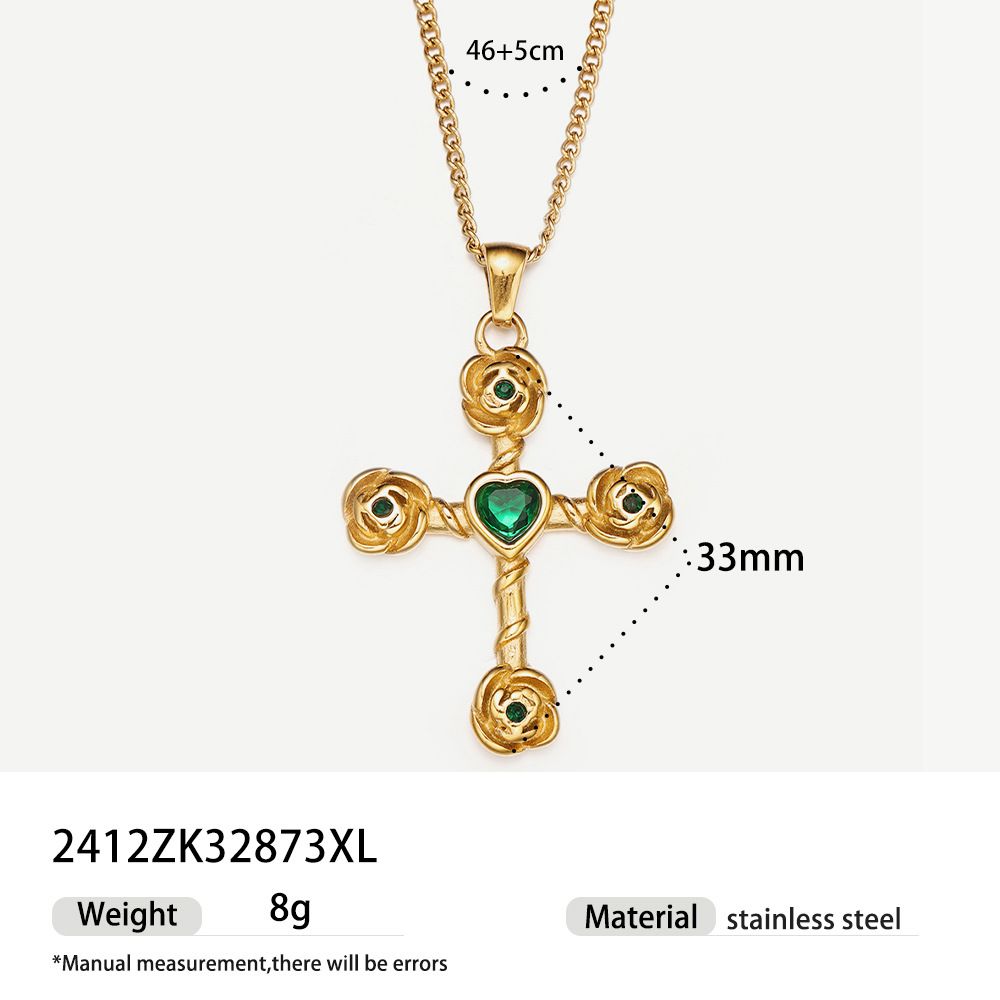 Rose Cross Pendant Necklace Cross border Stainless Steel Plated Gold Color Diamond Temperament Retro Jewelry_ipsvogv.com