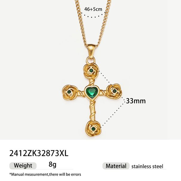 Rose Cross Pendant Necklace Cross border Stainless Steel Plated Gold Color Diamond Temperament Retro Jewelry_ipsvogv.com