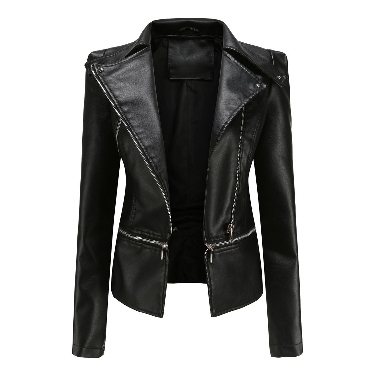 Women's leather jacket Long sleeve PU short jacket with hem removable jacket biker jacket_ipsvogv.com