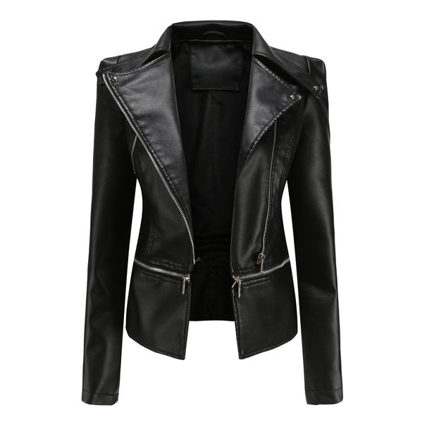 Women's leather jacket Long sleeve PU short jacket with hem removable jacket biker jacket_ipsvogv.com