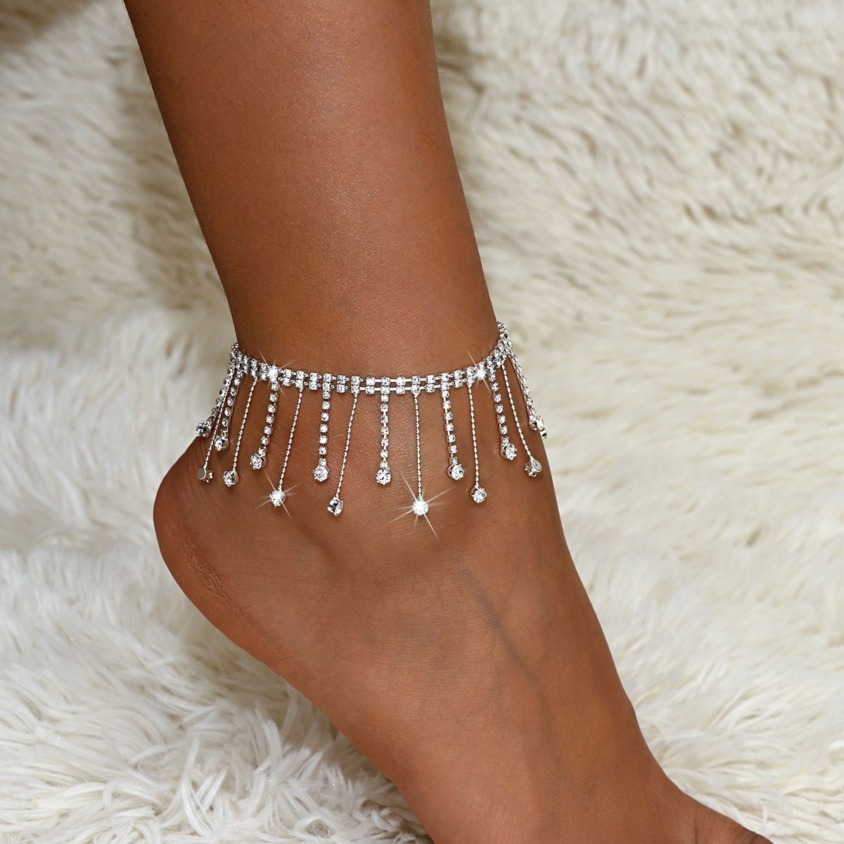 Unisex Hot Selling Tassel Anklet Rhinestone Ladies Summer Beach Simple Double Layer Teardrop Shaped Pendant Anklet Anklet_ipsvogv.com