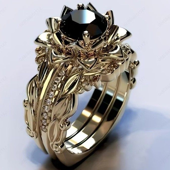 Three Piece Rose Women's Ring Set Electroplated Gold Inlaid Black Diamond Jewelry_ipsvogv.com