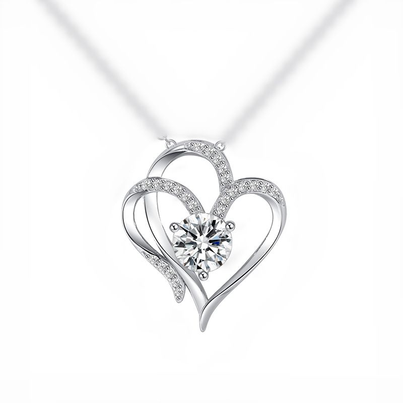 Platinum Double Pendant Decorated With Female To Heart, And Elegant Temperament, High Sense, Zircon Heart Necklace_ipsvogv.com