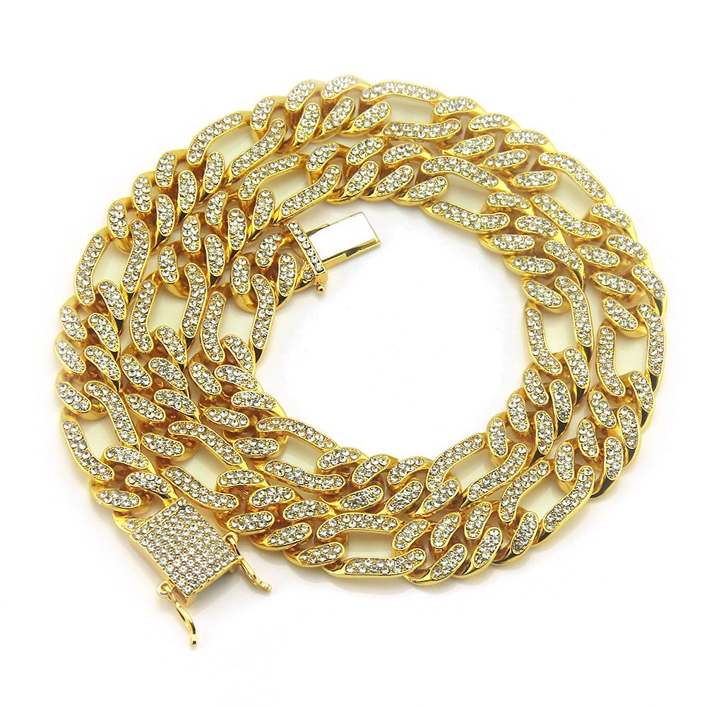 Three short one long Cuban gold chain with diamond inlay, hip-hop trendy men's domineering and necklace decoration_ipsvogv.com