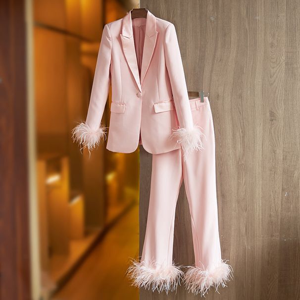 Women's Clothing Autumn and Winter Satin Collar Spliced Blazer Feather Decoration Dress Suit Straight leg Pants Two piece Set_ipsvogv.com