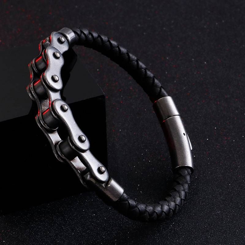 Vintage Punk Bicycle Chain Hand Woven Leather Bracelet Strap for Men Motorcyclist Rock Party Jewelry Gifts_ipsvogv.com
