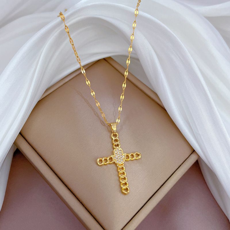 Steel 【 Titanium 】 Light Luxury Cross Palm Full Of Zirconia Set With Real Gold Necklace For Women, Transporting 【 】 Women,_ipsvogv.com