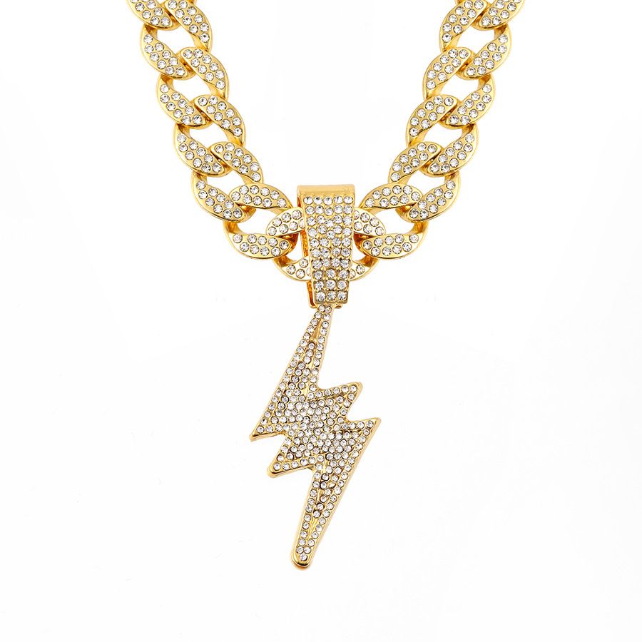 Trendy Man's Cool Full Diamond Lightning Pendant Necklace, Hip-hop Style Street Dance Rap Outfit, Cuban Chain Necklace_ipsvogv.com