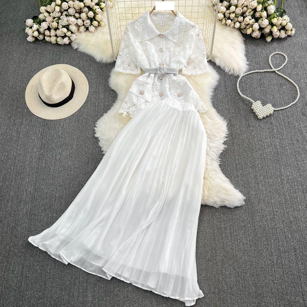 Women's fashion single breasted lace shirt two-piece set high waist a line pleated skirt_ipsvogv.com