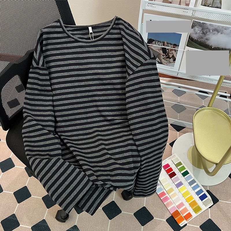 Women's Clothing shirt striped spring and autumn thin long sleeved T shirt women's medium long round neck loose large size women's clothing_ipsvogv.com