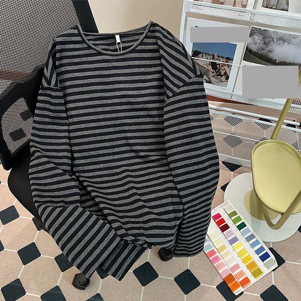 Women's Clothing shirt striped spring and autumn thin long sleeved T shirt women's medium long round neck loose large size women's clothing_ipsvogv.com