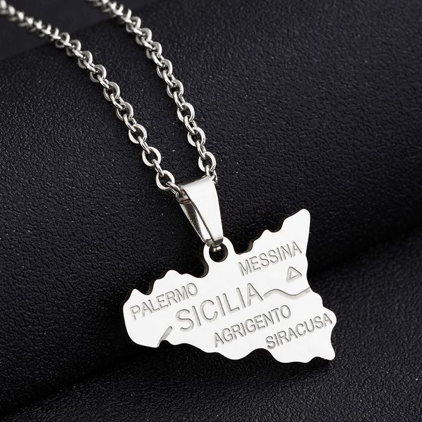 Stainless Steel Italy Sicily Map Necklace Geometric Glossy Unisex Titanium Pendant Accessories_ipsvogv.com