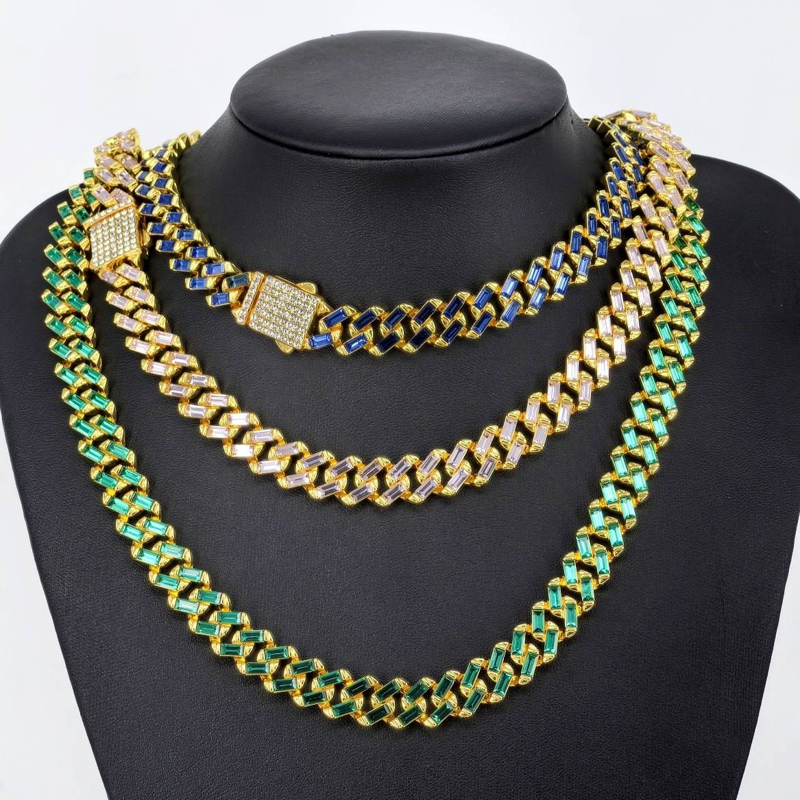 Men’s Jewelry Set Fashion 12mm Glass Spring Head Inlaid Rhinestone Men's NecklaceCool Hip Hop Style Cuban Chain_ipsvogv.com