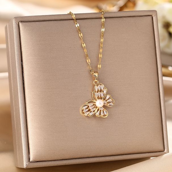 Pearl Butterfly Titanium Steel Necklace Micro Inlaid Exquisite Versatile Zircon Light Luxury Set With Diamond Women's_ipsvogv.com