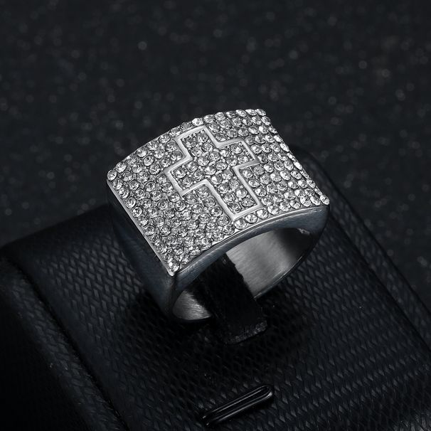 New 316 Stainless Steel/Titanium Steel Gold-Plated Full Diamond Cross Hip-Hop Men's Ring_ipsvogv.com