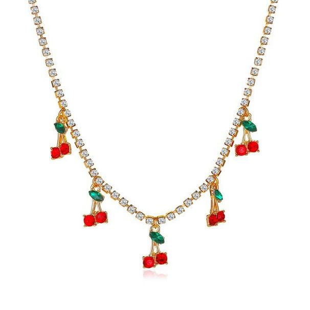 Fashion Diamond Red Cherry Necklace INS Blogger Same Style Flash Diamond Double-layer Necklace_ipsvogv.com