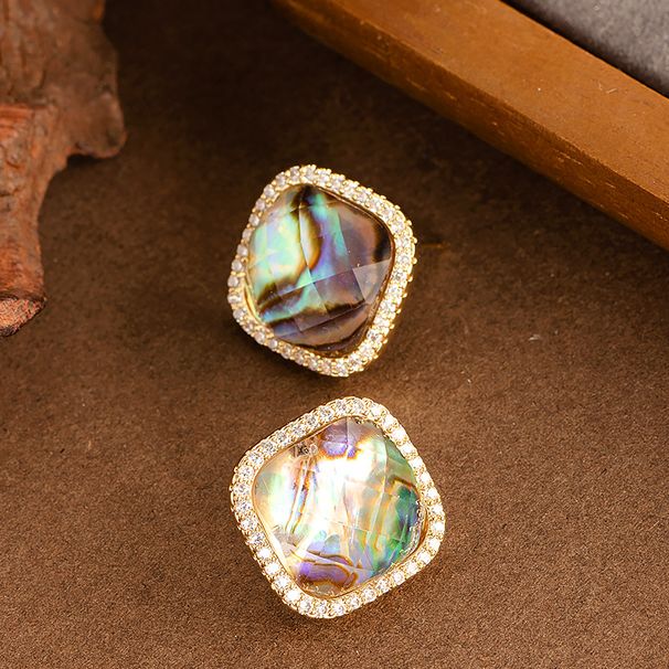 French Light Luxury Temperament With Diamond Studded Geometric Square Abalone Shell Earrings, Women's Ins Style High-end_ipsvogv.com