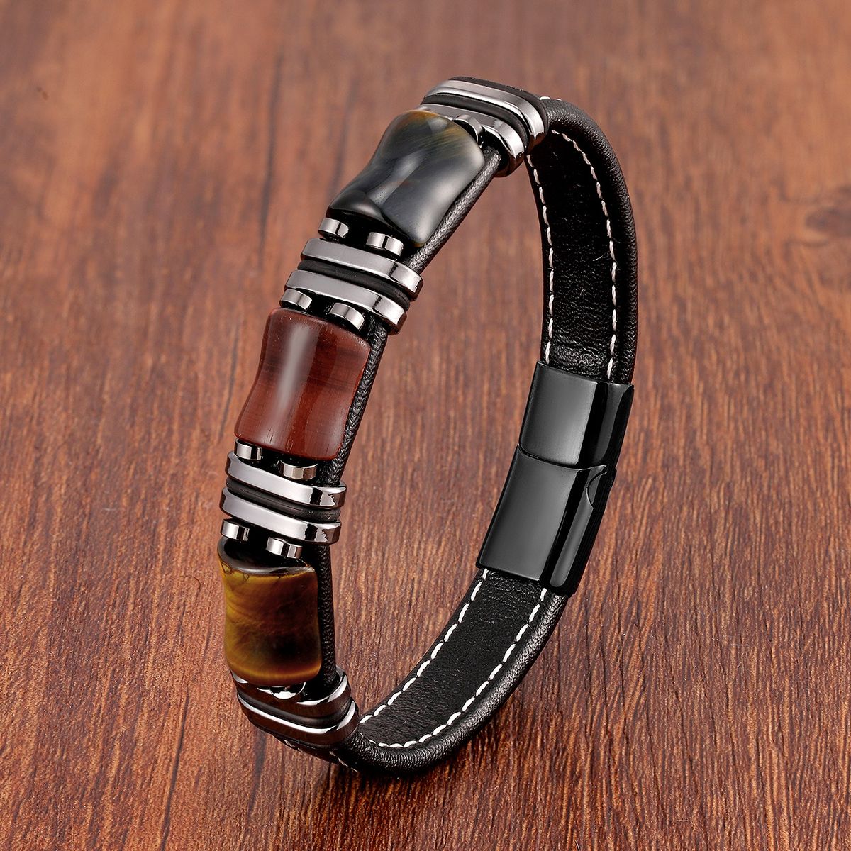 Stainless Steel Cord Jewelry Fashion Woven Leather Bracelet Men's New Tiger Eye Stone Accessories_ipsvogv.com