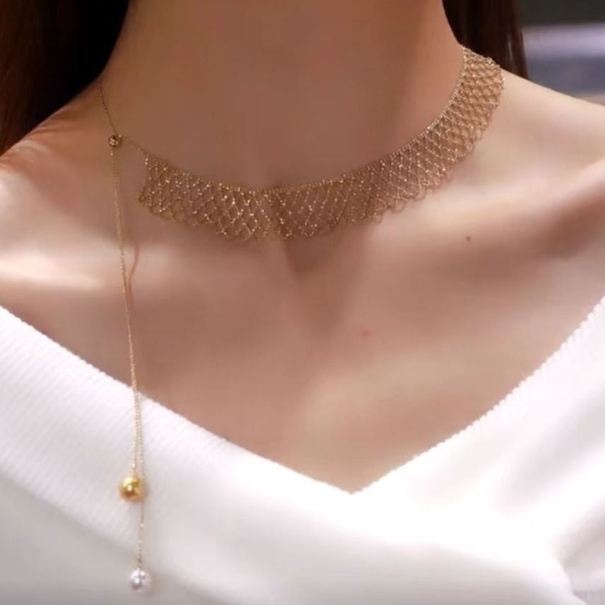 Pearl Cross Braided Necklace Skirt Lace Choker Ins Light Luxury High-end Adjustable Clavicle Chain_ipsvogv.com
