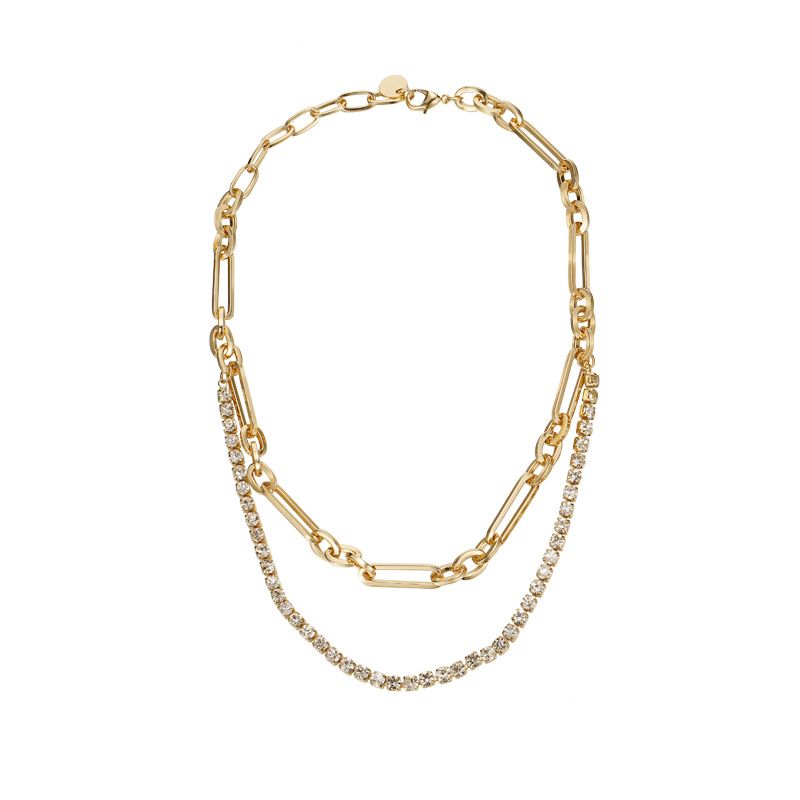 Trendy diamond studded geometric gold double layer color preserving snake bone chain Copper plated real gold K necklace for women_ipsvogv.com