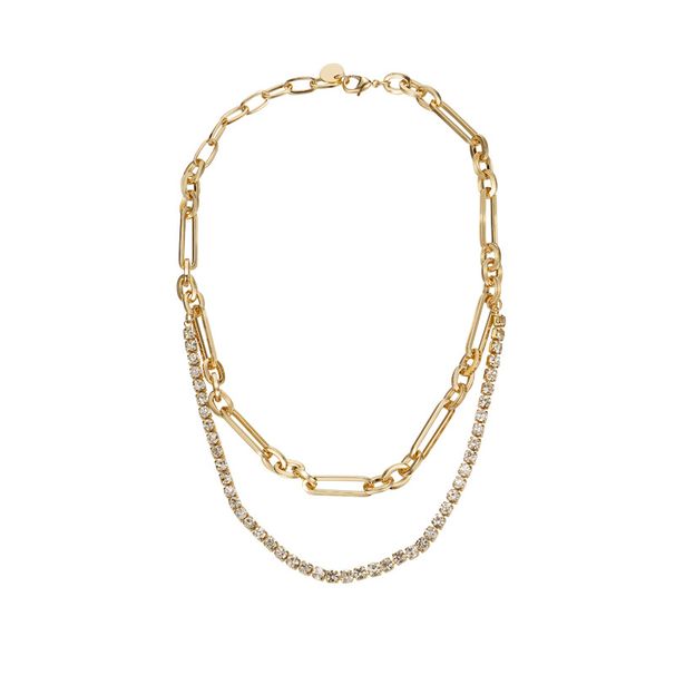 Trendy diamond studded geometric gold double layer color preserving snake bone chain Copper plated real gold K necklace for women_ipsvogv.com