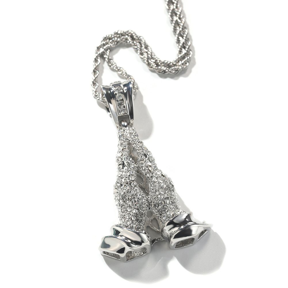 Men's Jewelry Niche Hands Folded Full Diamond Pendant Sweater Chain Metal Retro Men's Necklace Alloy Accessories_ipsvogv.com