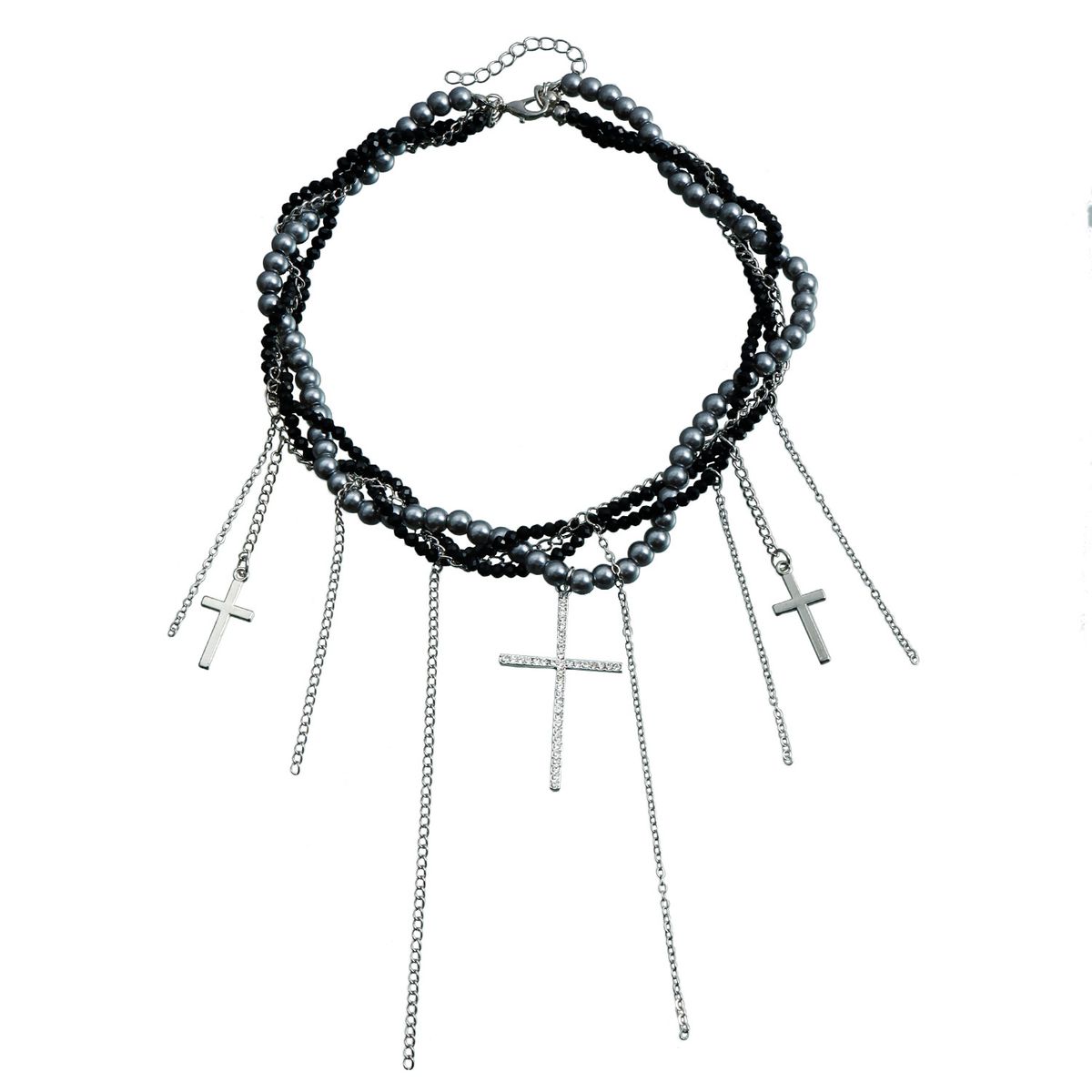 Delicate Cross Tassel Pendant Glass Rice Bead Collarbone Chain Ins Trendy Multi-layer Necklace_ipsvogv.com