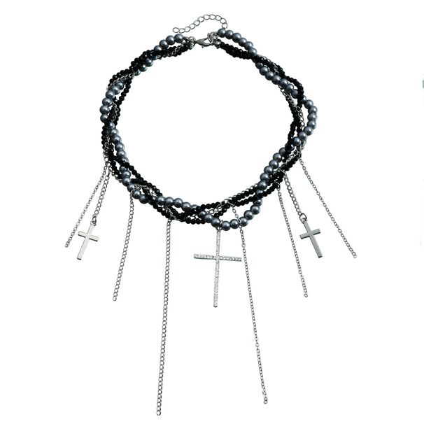 Delicate Cross Tassel Pendant Glass Rice Bead Collarbone Chain Ins Trendy Multi-layer Necklace_ipsvogv.com