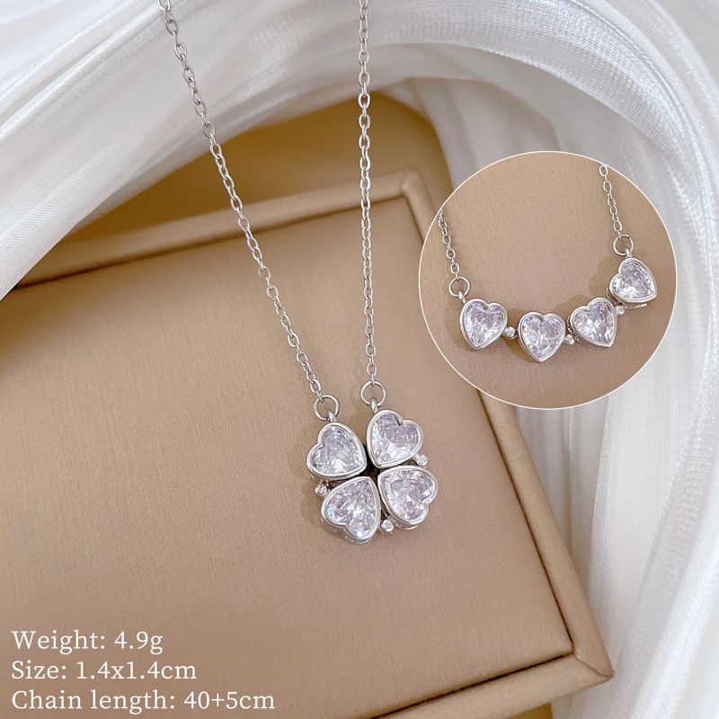 】 Women's 【 New Necklace, Two Piece To Heart Opening Four Leaf Flower Full Diamond Versatile Clavicle Chain, Titanium 【 】 Necklace, Chain,_ipsvogv.com