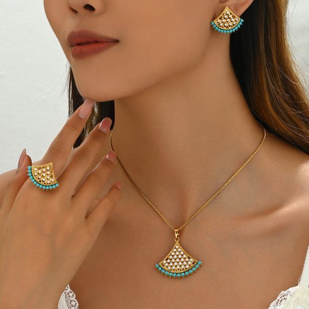 Fashionable OL fan-shaped necklace set, versatile with inlaid pearl rings, niche design, earring accessories_ipsvogv.com