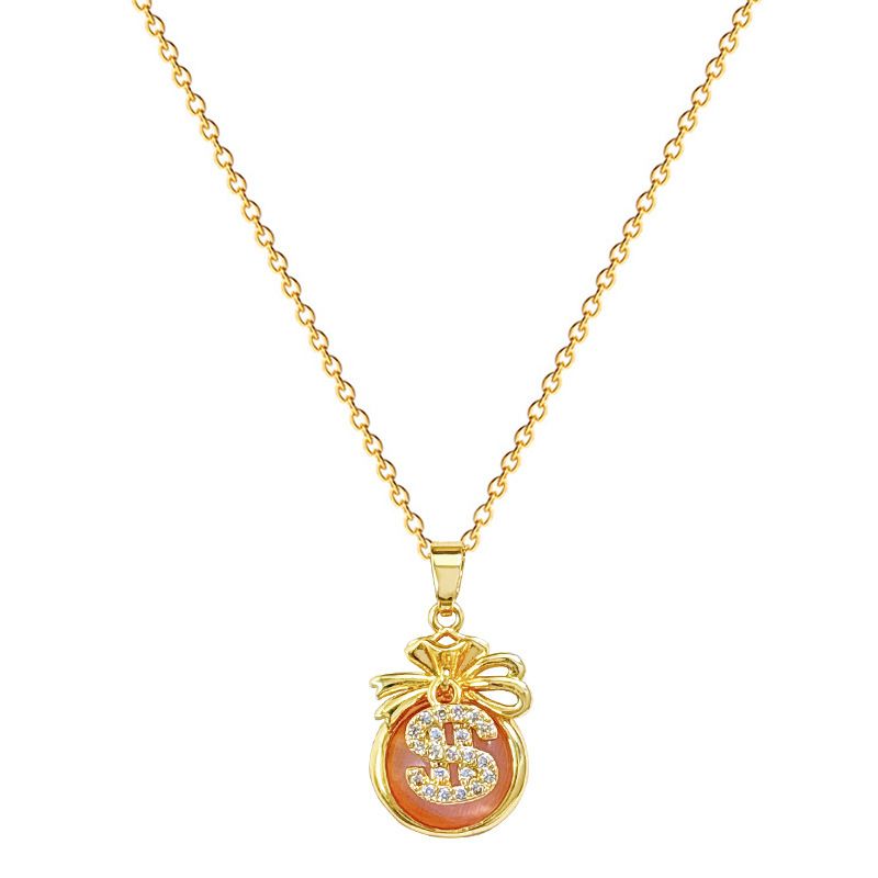 Bow Shaped Cat's Eye Stone Money Bag, Titanium Steel Necklace, Collarbone Chain, Minimalist And Elegant, Slightly Inlaid_ipsvogv.com