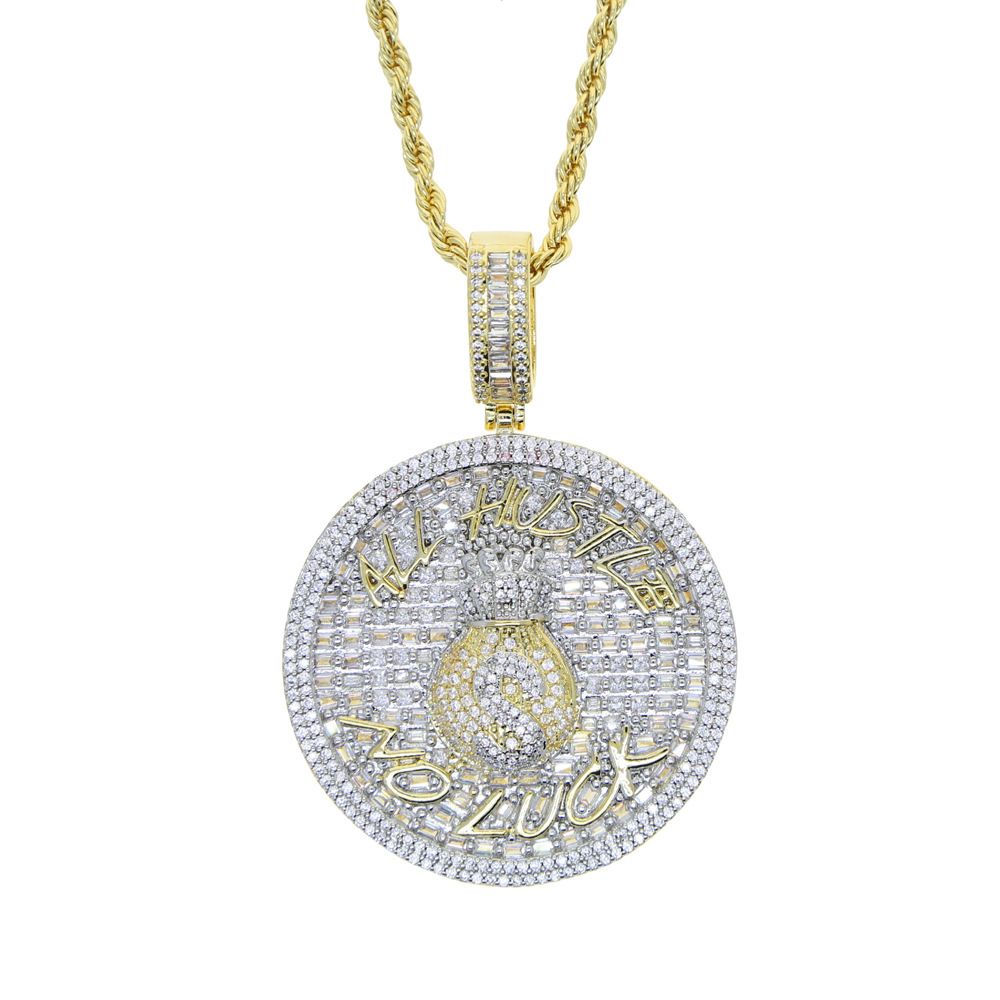Men's Hip Hop Style Circular Pendant Necklace With ALLHUSTLE NO LUCK Lettering - Brass Chain For Trendy Streetwear Look_ipsvogv.com
