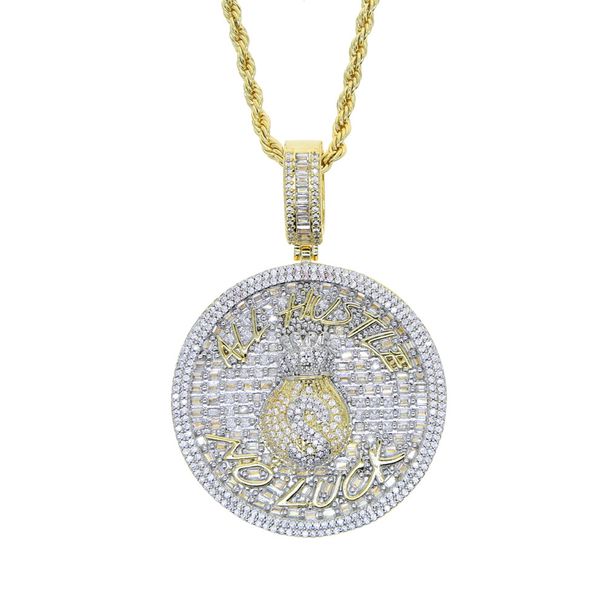 Men's Hip Hop Style Circular Pendant Necklace With ALLHUSTLE NO LUCK Lettering - Brass Chain For Trendy Streetwear Look_ipsvogv.com