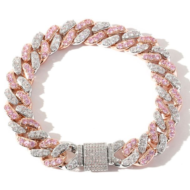 12mm Micro Paved Pink White Zircon Cuban Chain Bracelet Hip Hop Accessories_ipsvogv.com