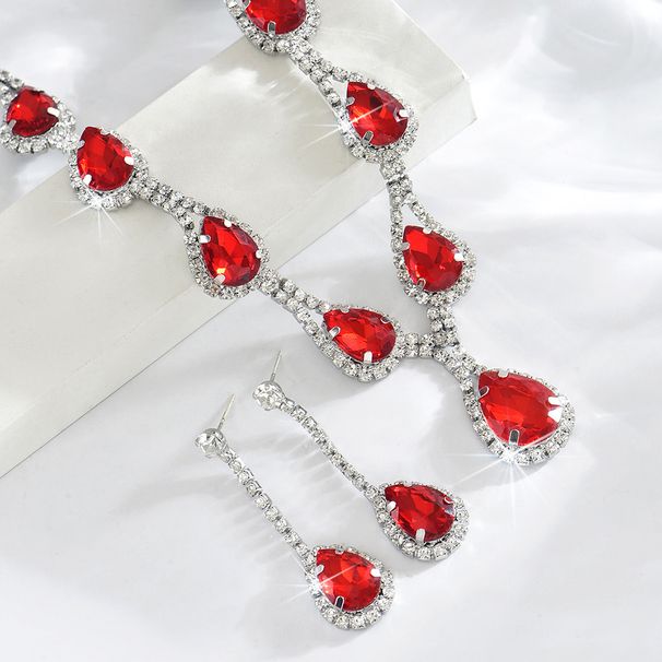 Fashion Wedding Bride Jewelry Necklace Earrings Full Diamond Flower Blue Set_ipsvogv.com