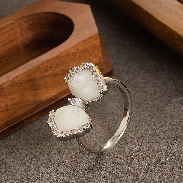 Ins Style Exquisite Diamond Inlaid Mother Of Pearl Bow Ring With Open Mouth, Adjustable Chubby Hand, Simple And High-end_ipsvogv.com