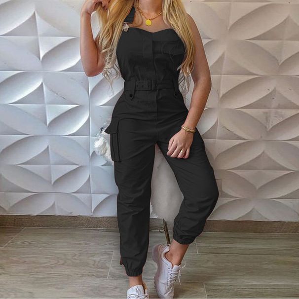 Women's fashion cargo jumpsuit belt sleeveless suspenders simple constraint foot pants_ipsvogv.com