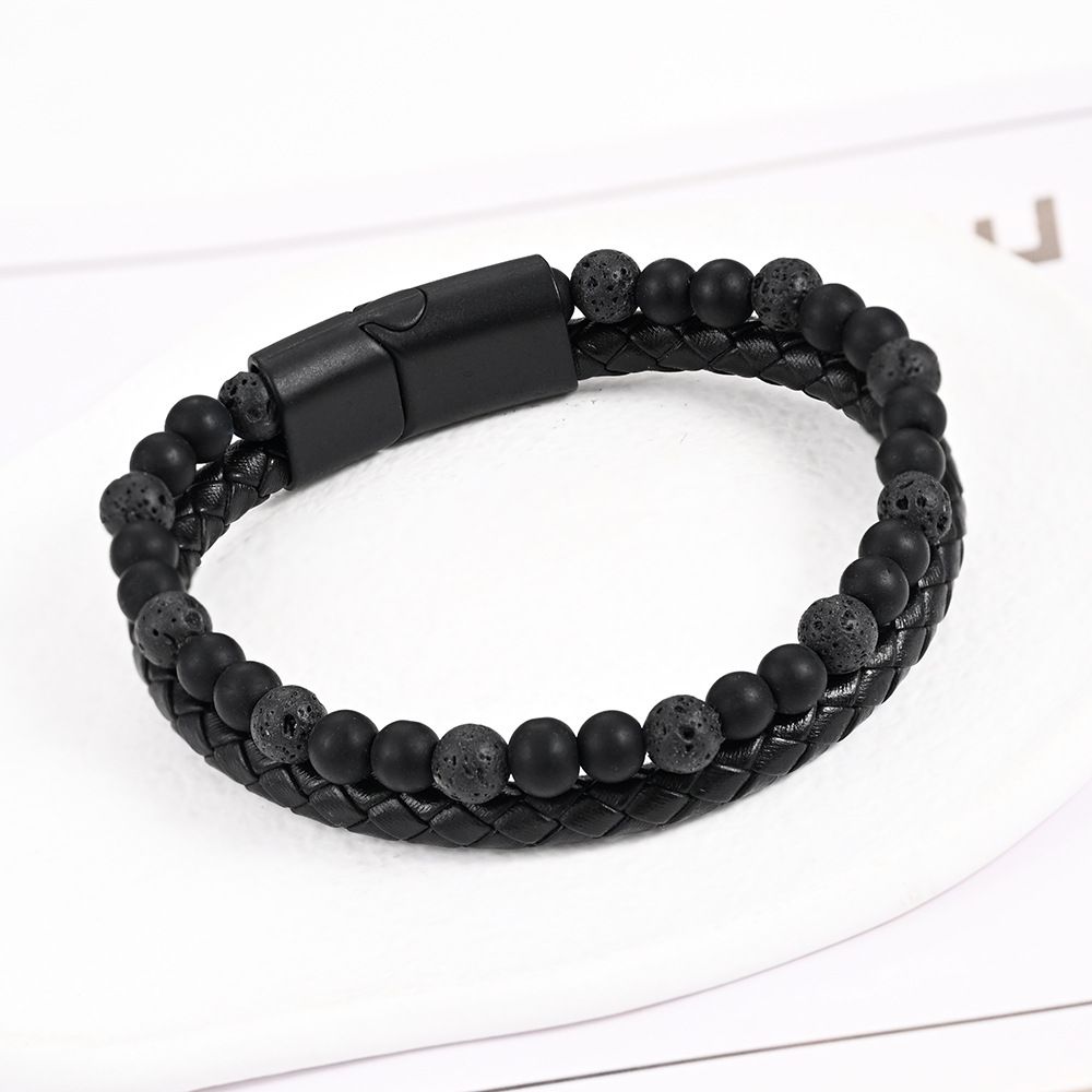 I style men's genuine leather braided bracelet natural volcanic stone alloy men's bracelet cowhide beaded bracelet_ipsvogv.com