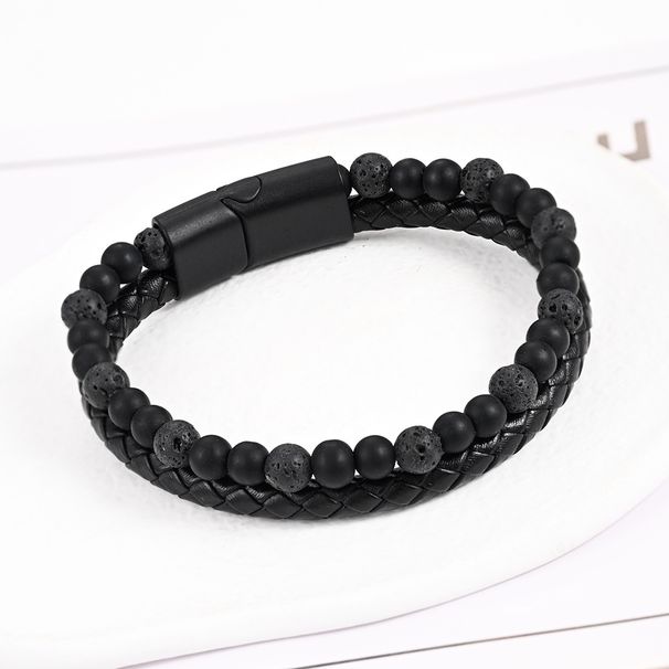 I style men's genuine leather braided bracelet natural volcanic stone alloy men's bracelet cowhide beaded bracelet_ipsvogv.com