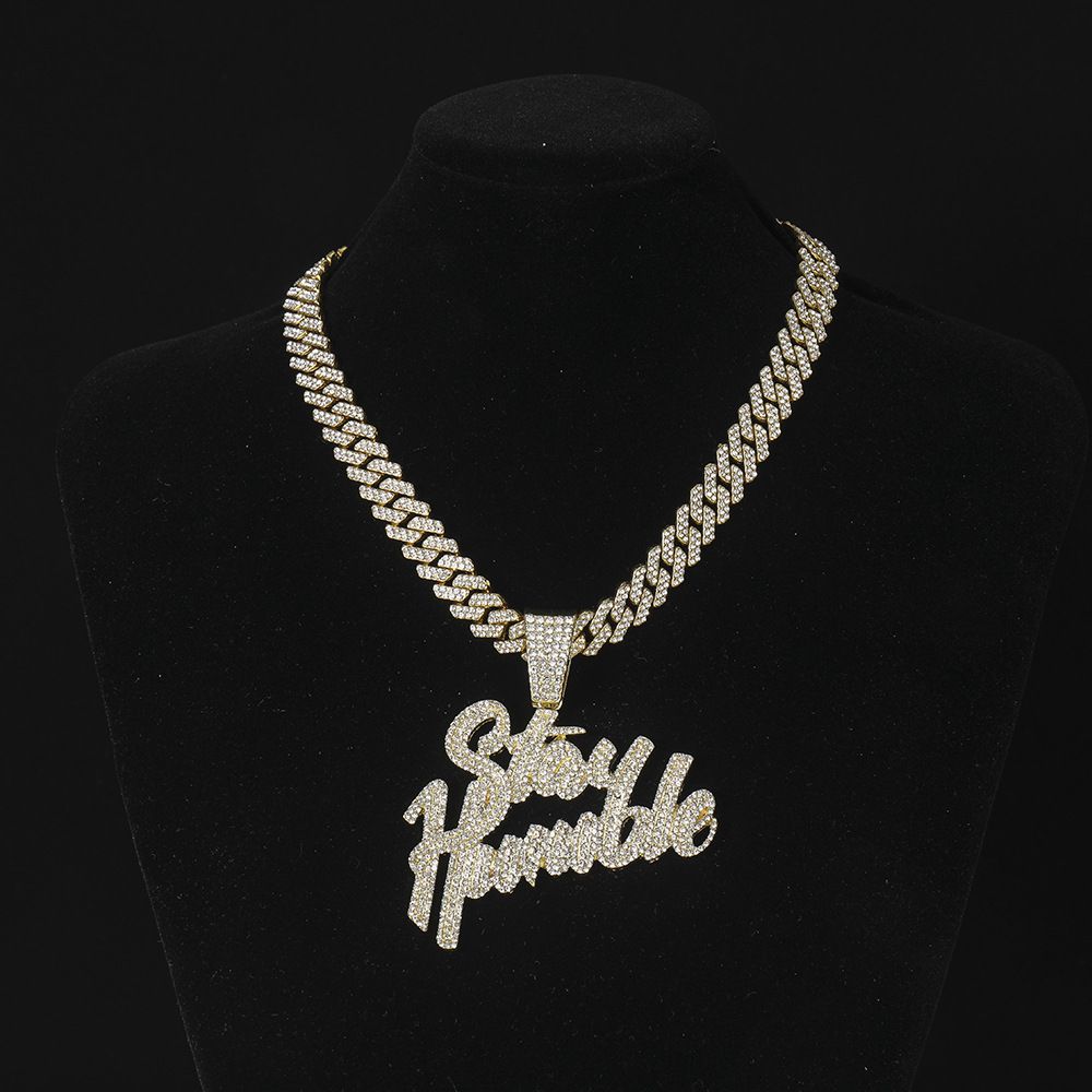 Personalized letter pendant alloy diamond Cuban chain necklace for men and women street style hip hop accessories_ipsvogv.com