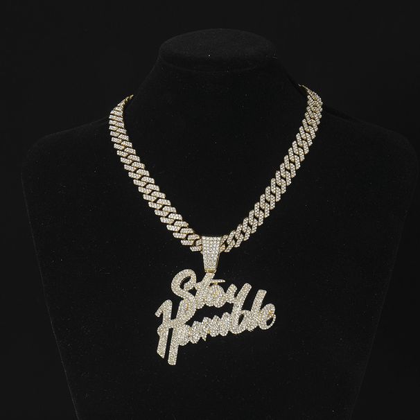 Personalized letter pendant alloy diamond Cuban chain necklace for men and women street style hip hop accessories_ipsvogv.com
