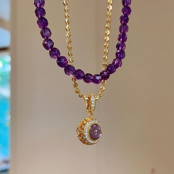 Light Luxury High-end Amethyst Magic Ball Necklace With Diamond Inlay, Double Layered And Luxurious Temperament,_ipsvogv.com