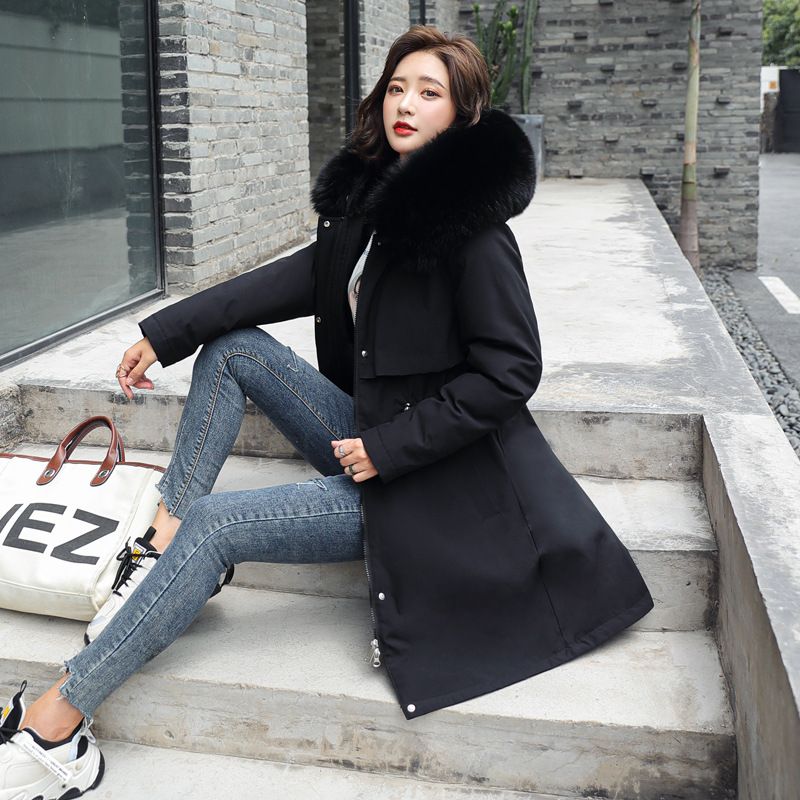 Women's Clothing new winter cotton padded coat, medium length, large fur collar, velvet lining, overcoat, cotton padded coat, trendy for women_ipsvogv.com