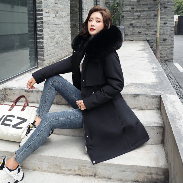 Women's Clothing new winter cotton padded coat, medium length, large fur collar, velvet lining, overcoat, cotton padded coat, trendy for women_ipsvogv.com
