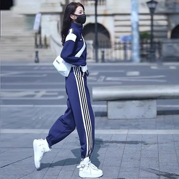 Women's Clothing Casual sports suit for women 2024 autumn salty street fashionable blue jacket sweatpants two piece suit_ipsvogv.com